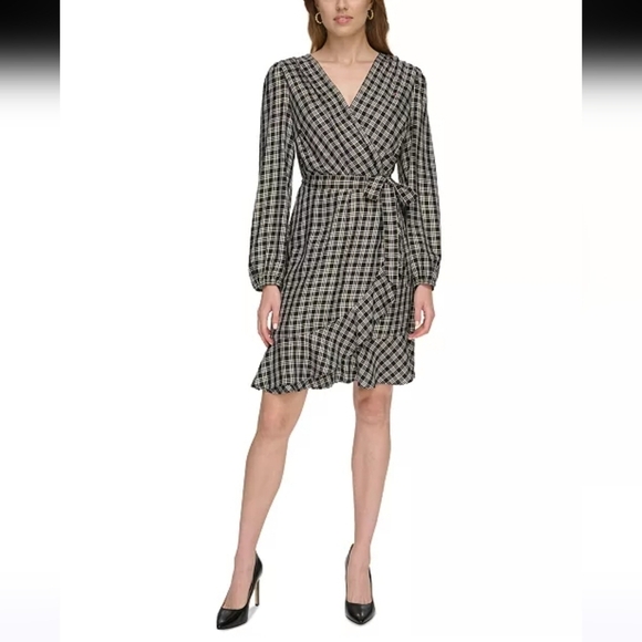 NWT Tommy Hilfiger Women's Metallic Check Ruffle Hem Wrap Dress Size 6 - Picture 1 of 15